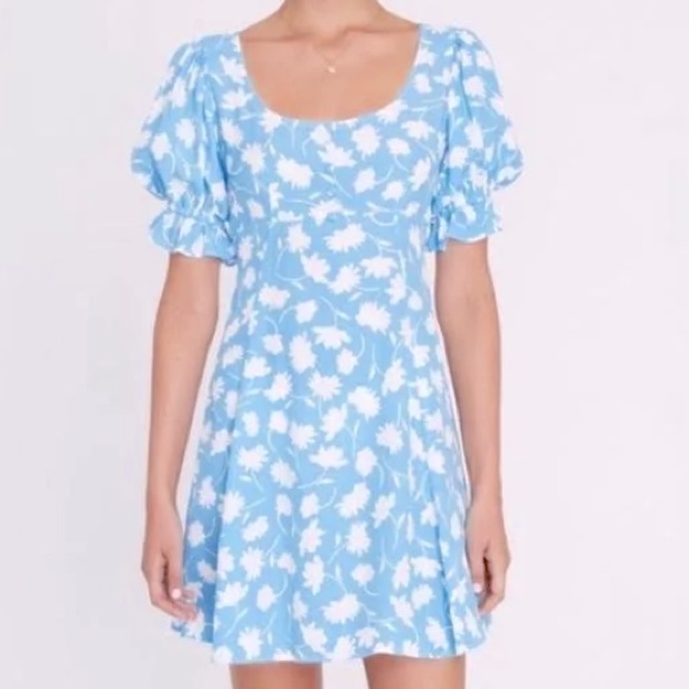 AGATHE LAYLA Faithfull The Brand Light Blue Daisy Print Puff Sleeve Mini Dress